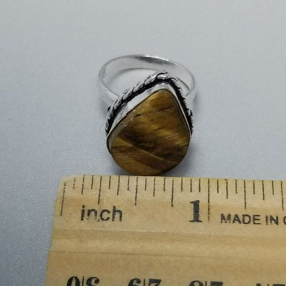 Vintage Tigers Eye Brown Stone Ring Bezel Set Silver Tone Band, Size 6.5, Estate - Picture 6 of 8